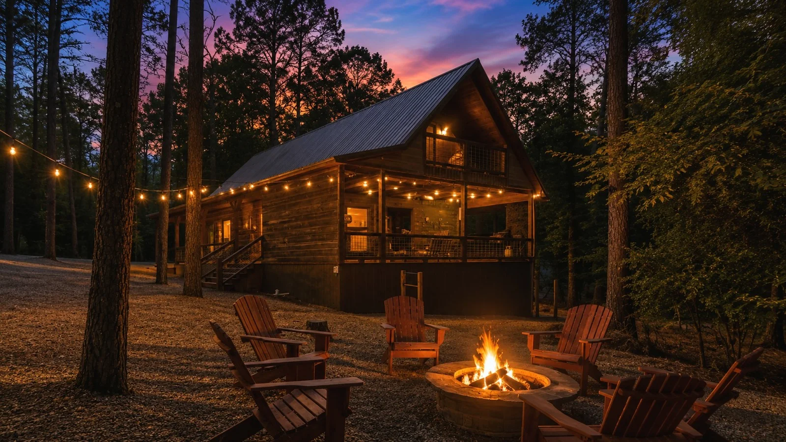The Rustic Reserve cabin glowing at dusk, with a fire pit among the trees