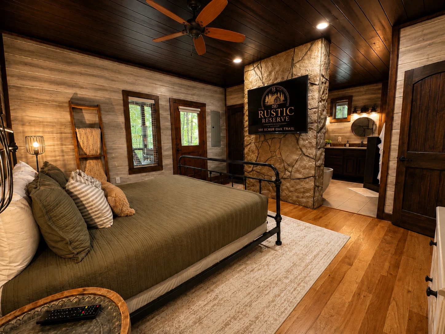 Primary king bedroom at The Rustic Reserve