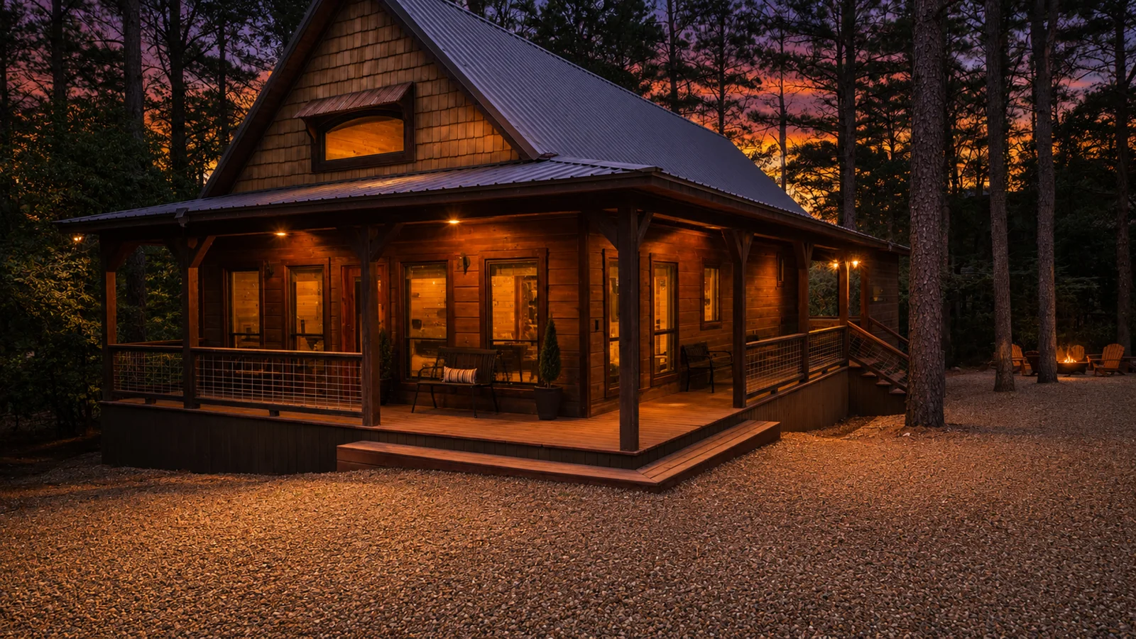 Cabin at twilight at The Rustic Reserve