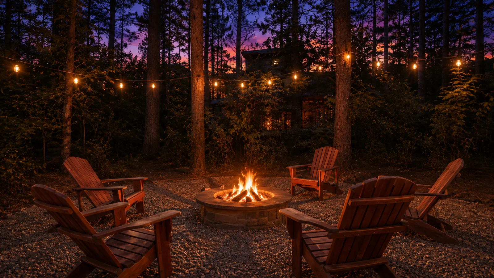Fire pit at twilight at The Rustic Reserve