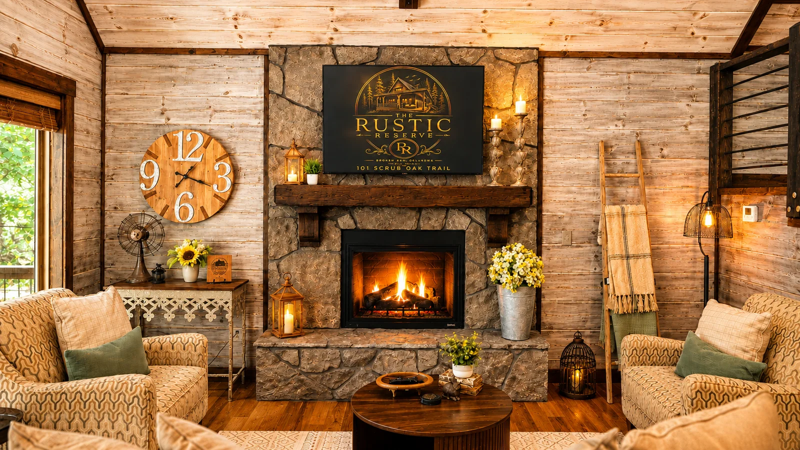 Living room fireplace at The Rustic Reserve