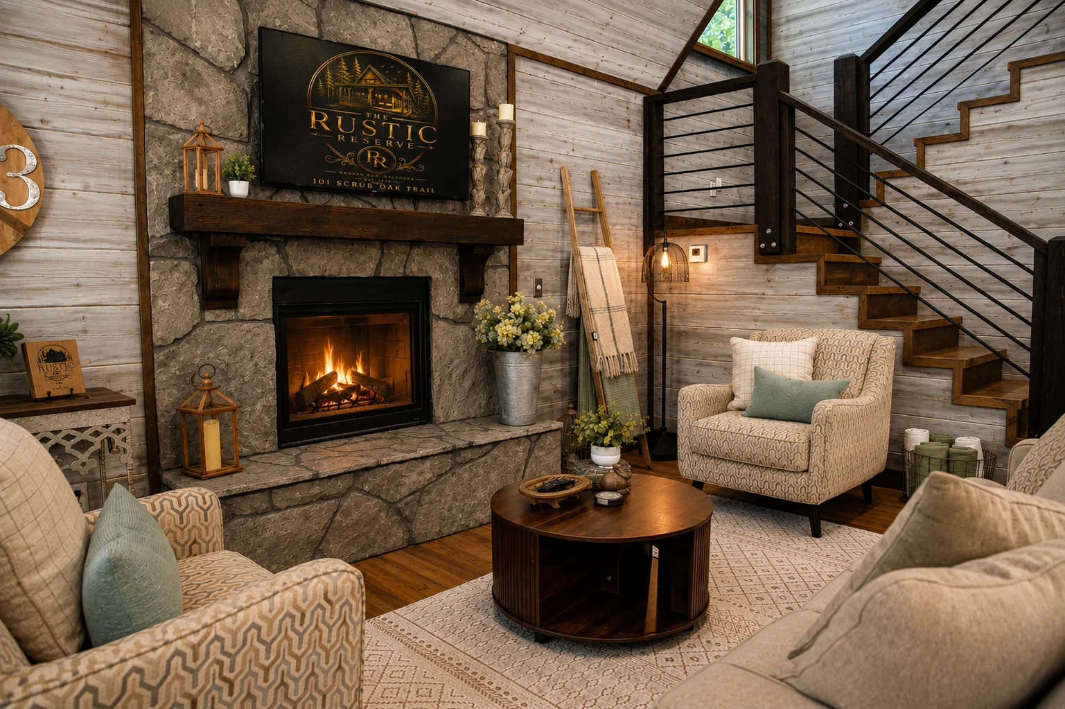 Living room and stairs at The Rustic Reserve