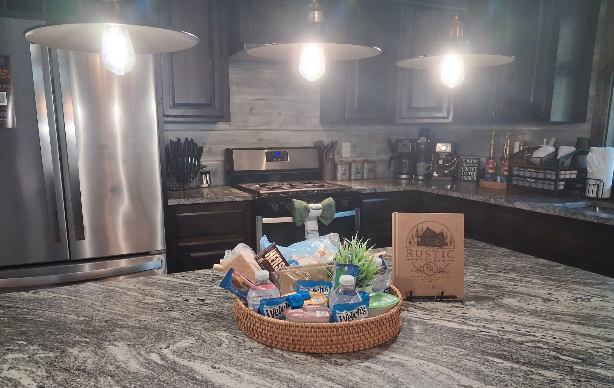 Welcome basket in the fully equipped kitchen at The Rustic Reserve